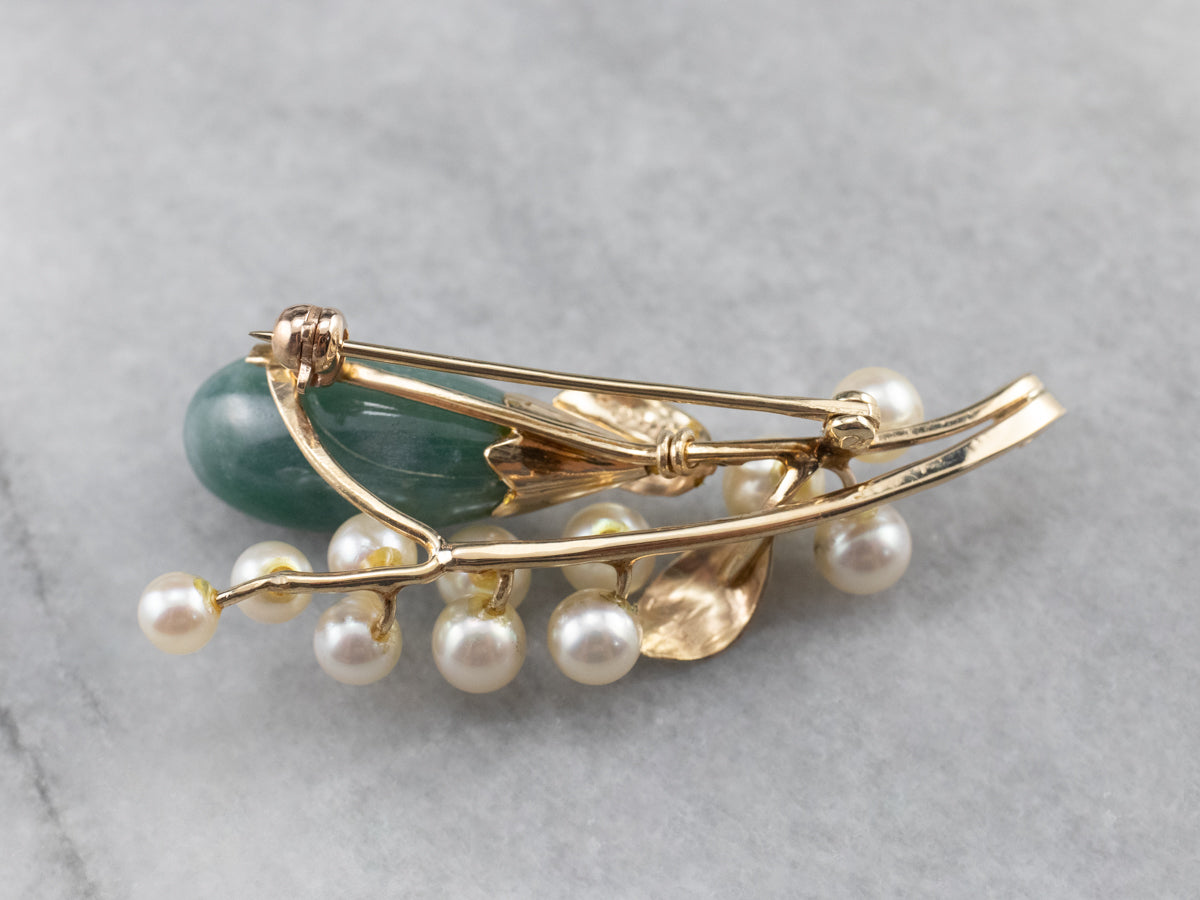Botanical Jadeite Pearl Gold Brooch