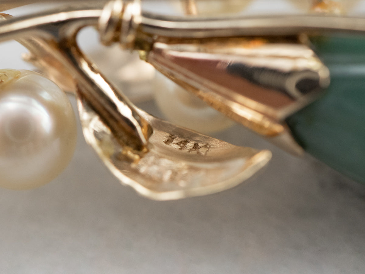 Botanical Jadeite Pearl Gold Brooch