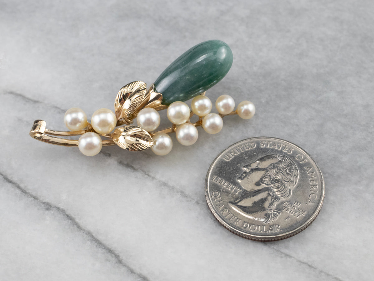Botanical Jadeite Pearl Gold Brooch