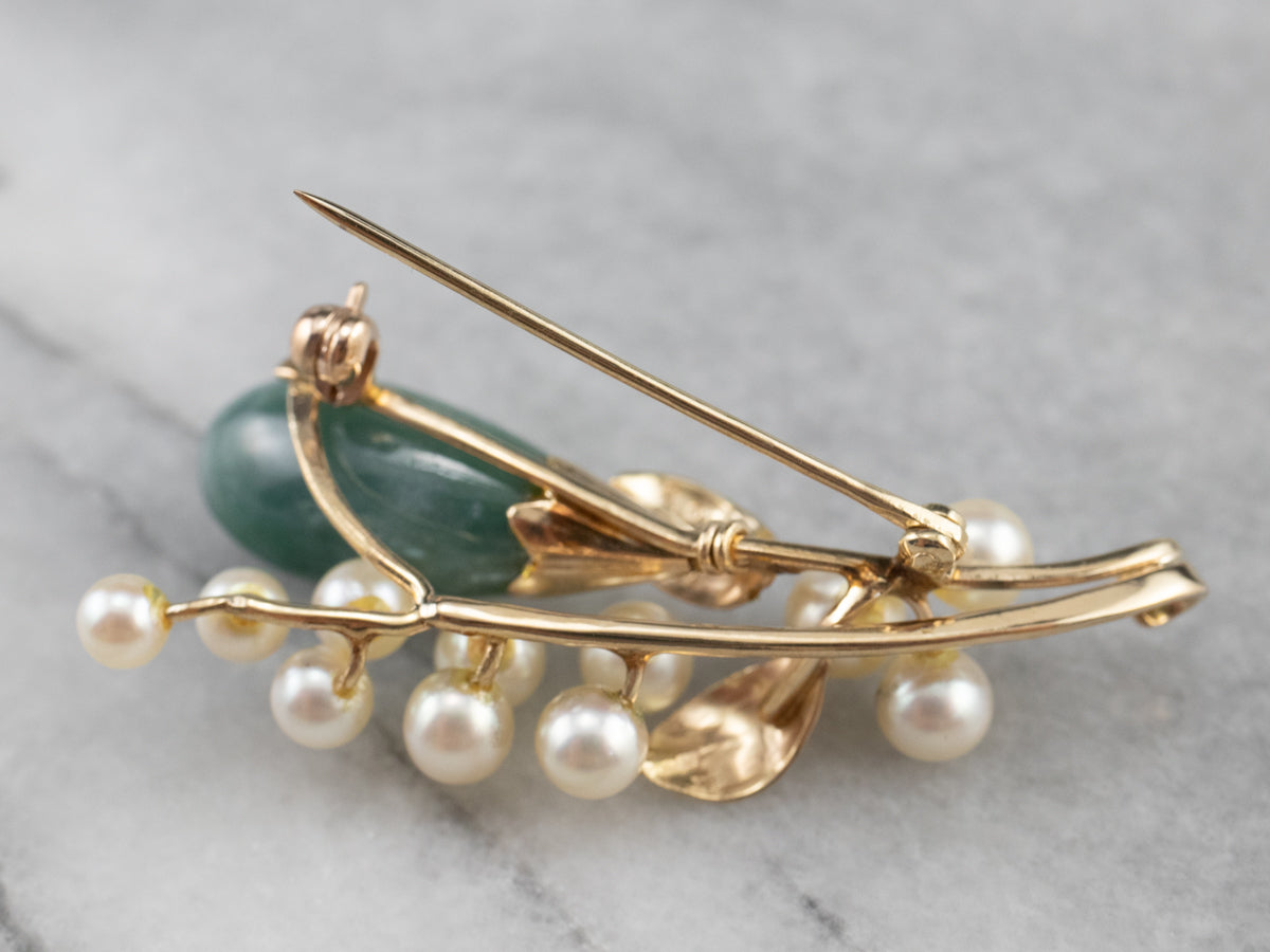 Botanical Jadeite Pearl Gold Brooch