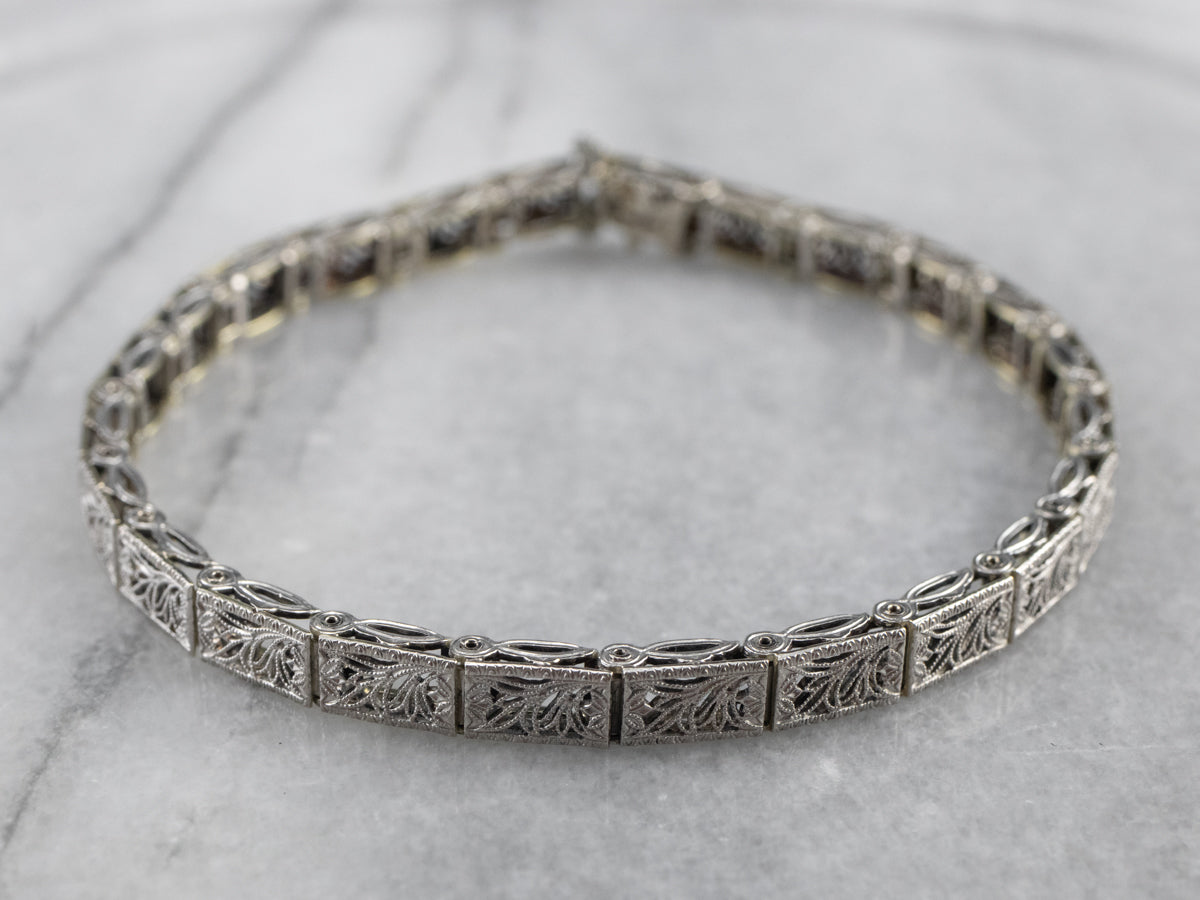Art Deco White Gold Filigree Panel Link Bracelet