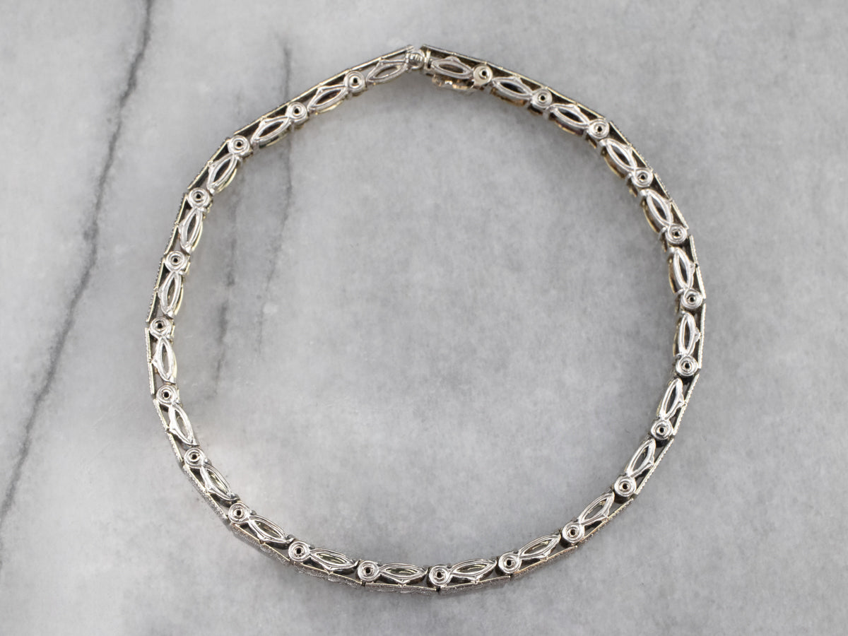 Art Deco White Gold Filigree Panel Link Bracelet