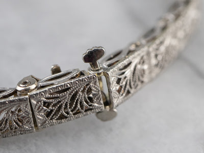 Art Deco White Gold Filigree Panel Link Bracelet
