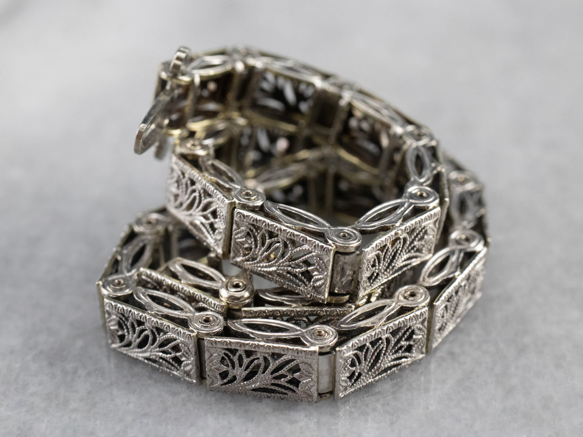 Art Deco White Gold Filigree Panel Link Bracelet