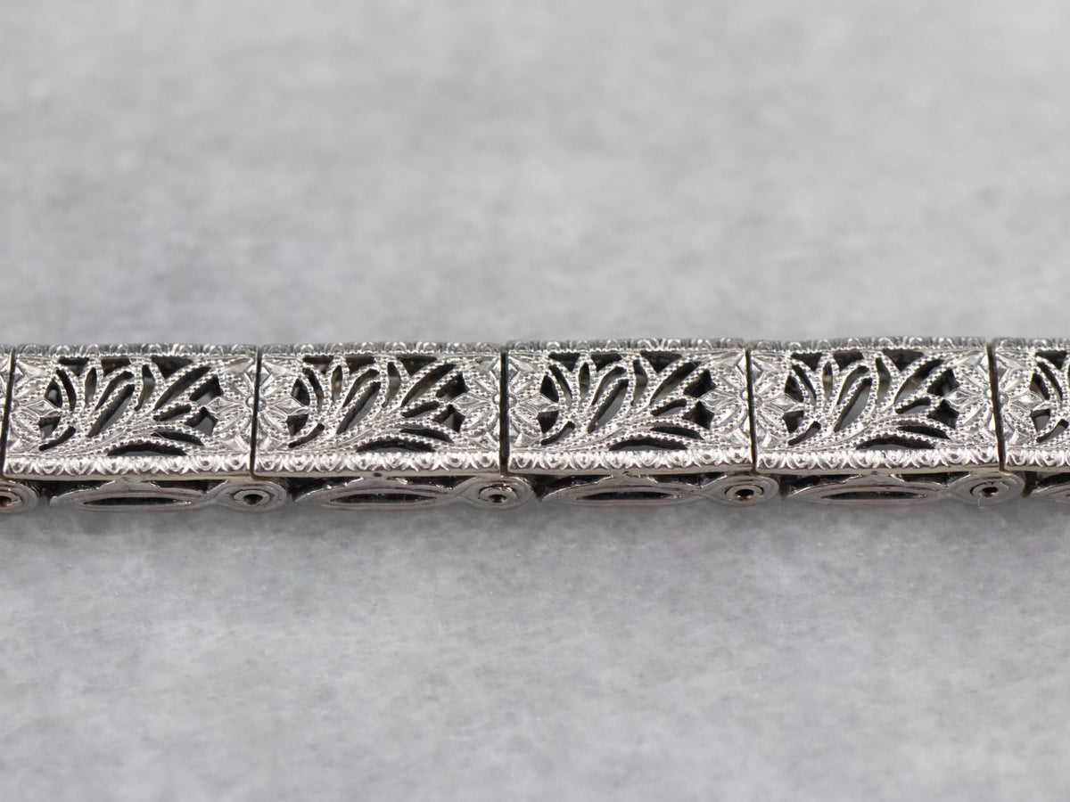 Art Deco White Gold Filigree Panel Link Bracelet