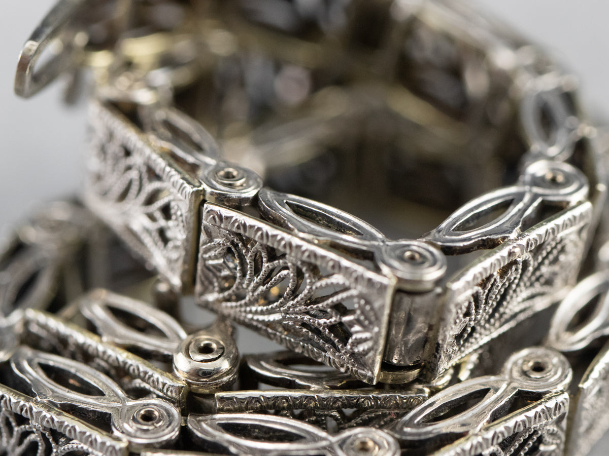 Art Deco White Gold Filigree Panel Link Bracelet