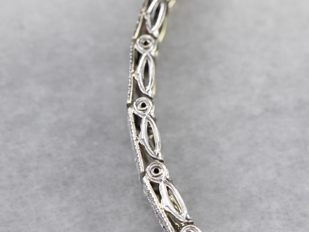 Art Deco White Gold Filigree Panel Link Bracelet