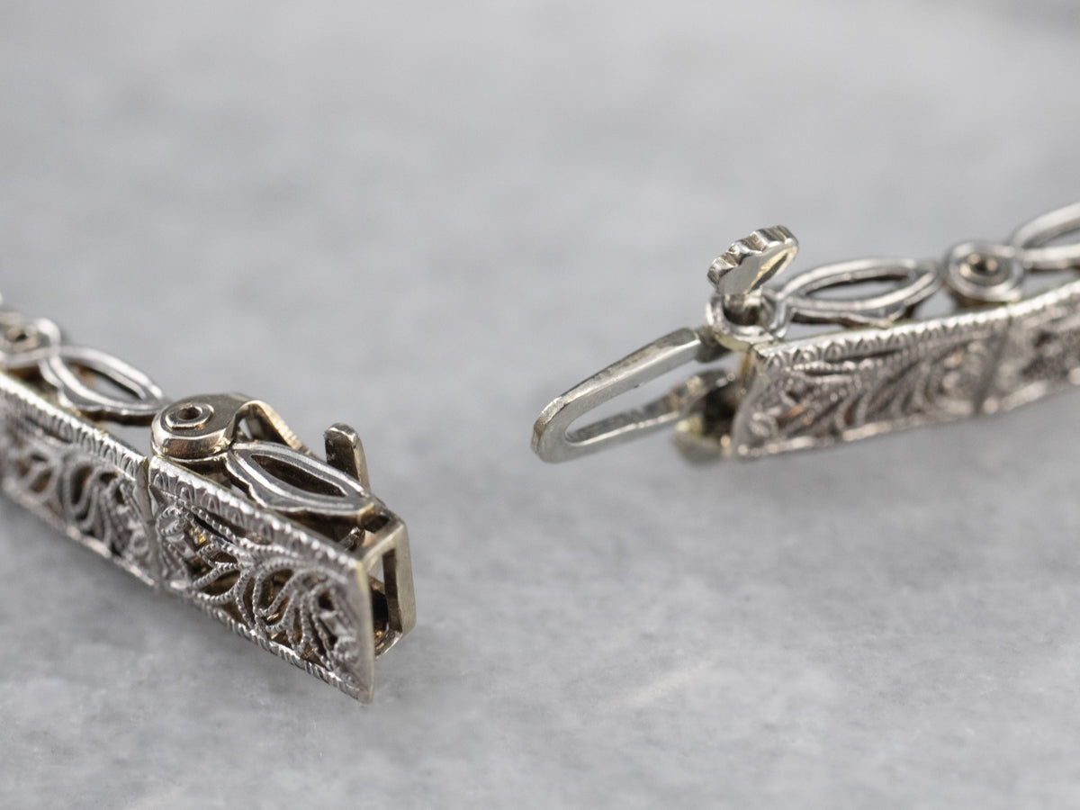 Art Deco White Gold Filigree Panel Link Bracelet