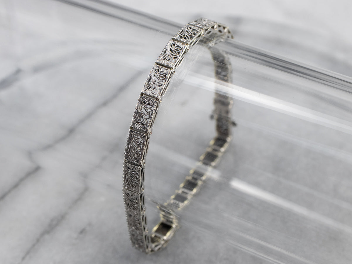 Art Deco White Gold Filigree Panel Link Bracelet