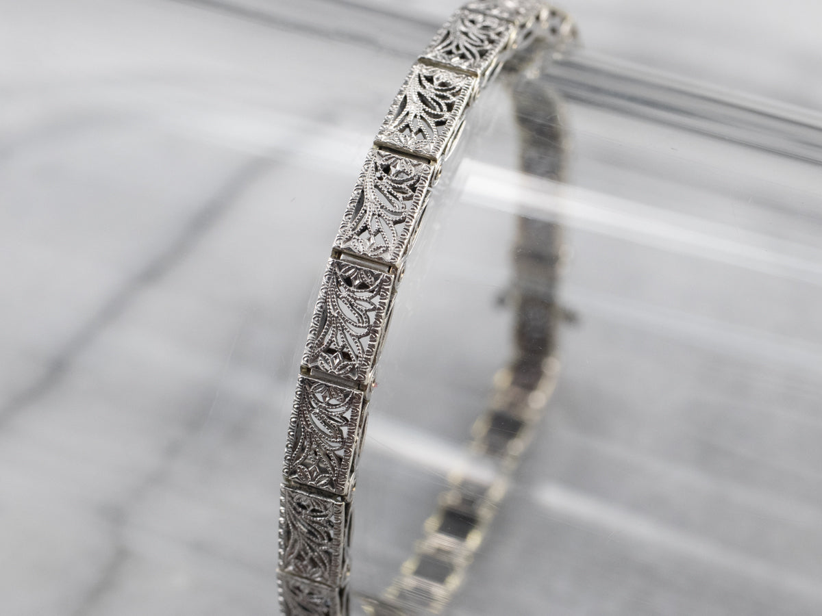 Art Deco White Gold Filigree Panel Link Bracelet