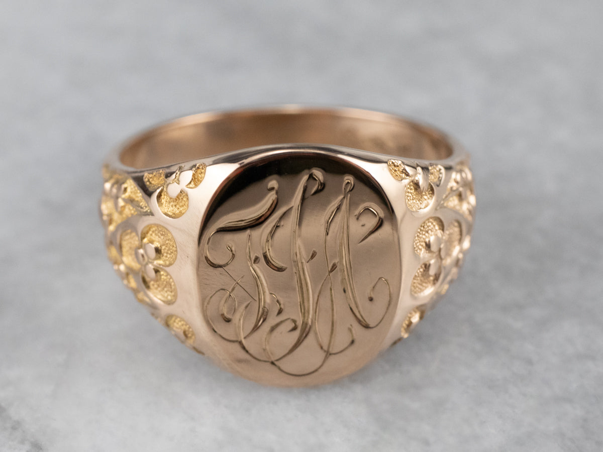 Ornate Gold "TJA" Engraved Signet Ring
