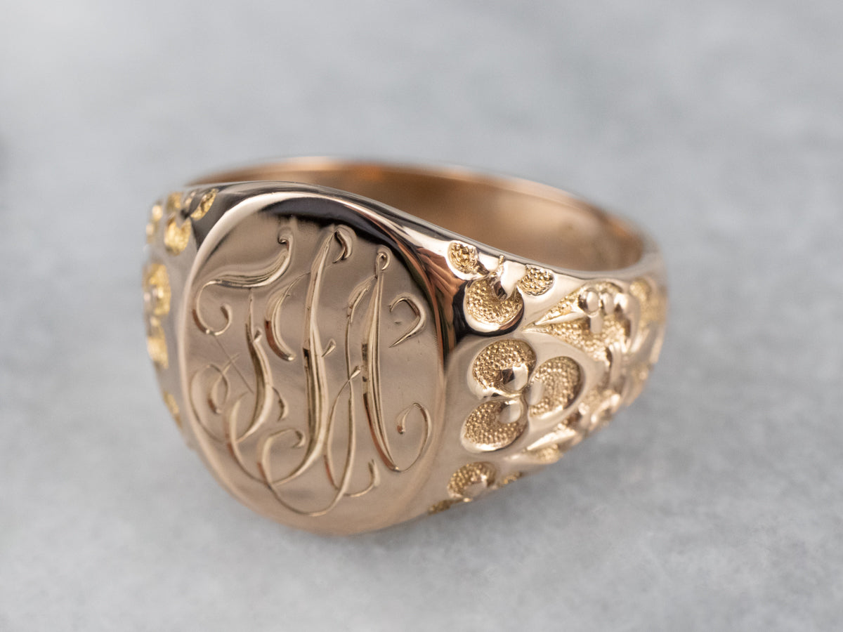 Ornate Gold "TJA" Engraved Signet Ring