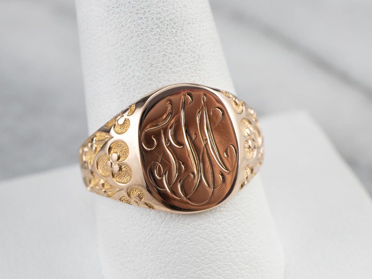 Ornate Gold "TJA" Engraved Signet Ring