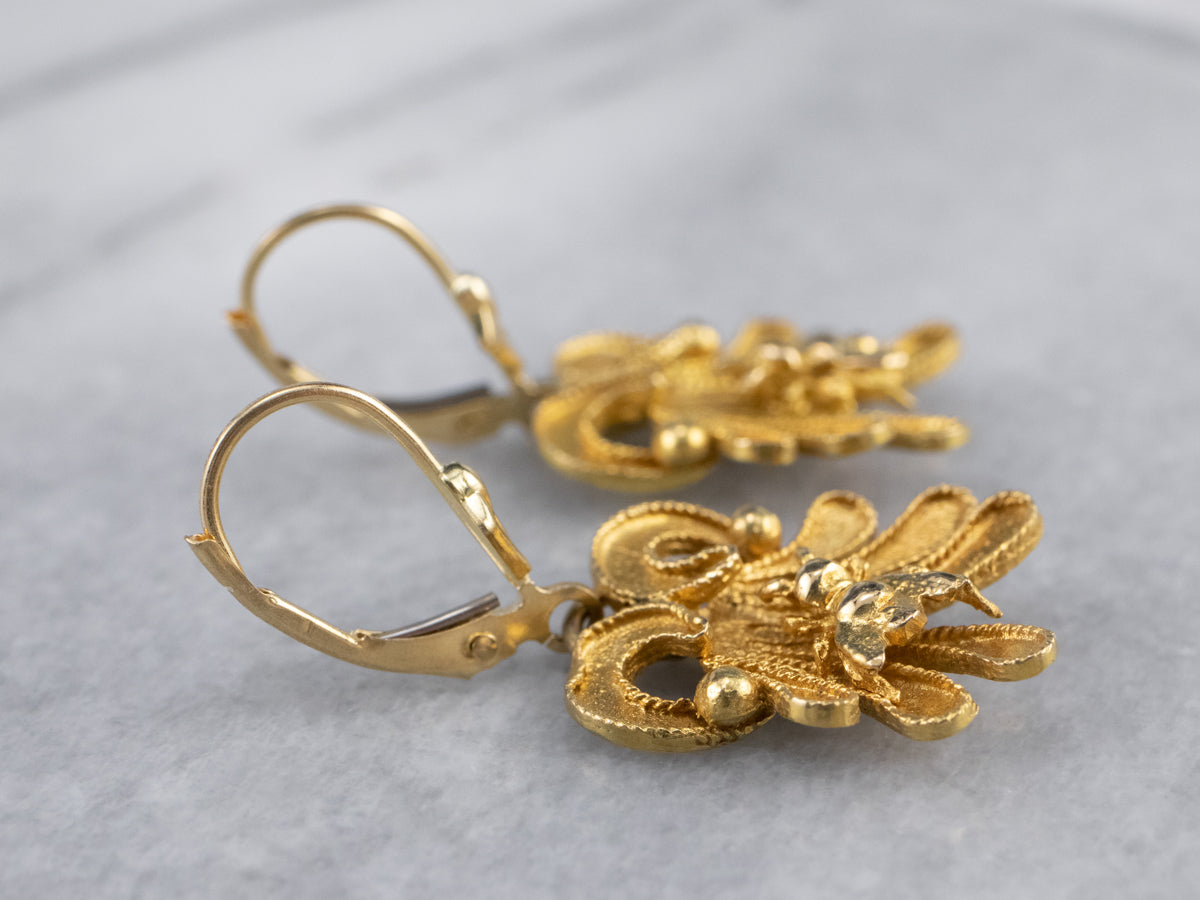 Bee and Flower 18K Gold Drop Earrings