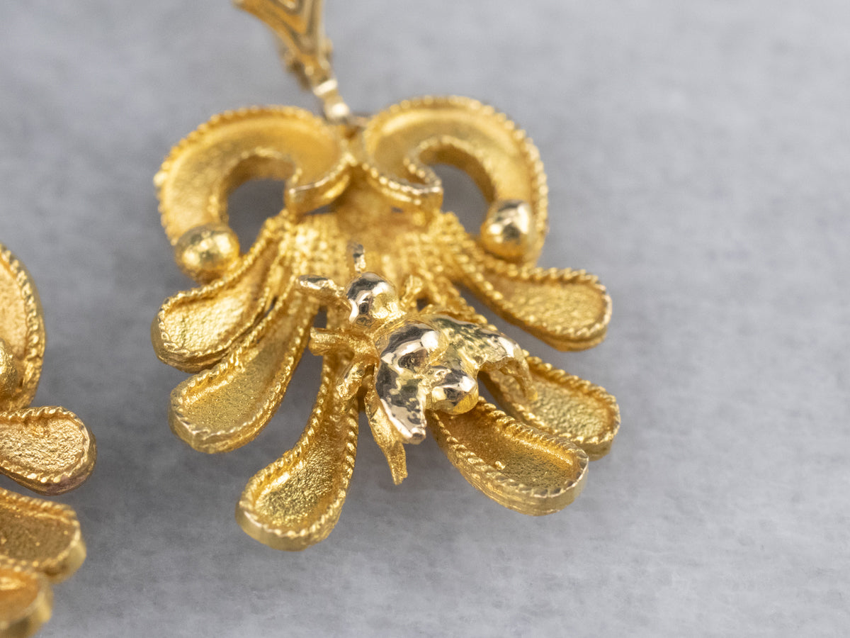 Bee and Flower 18K Gold Drop Earrings