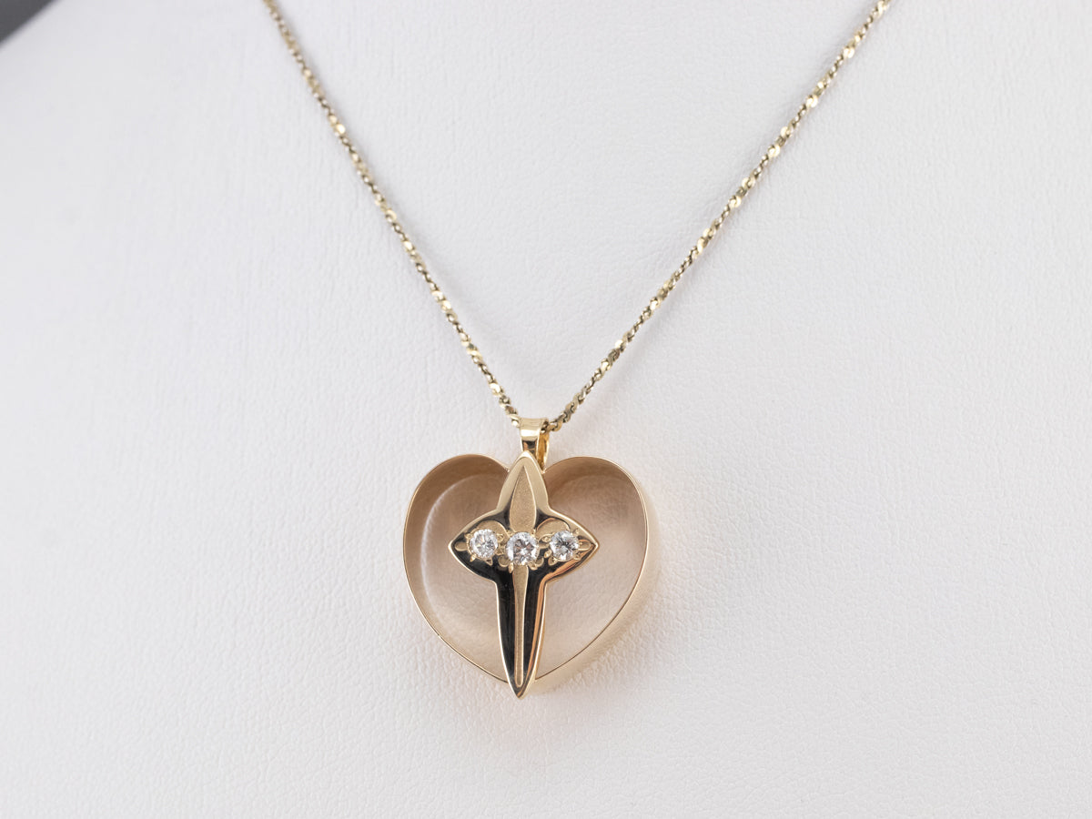 Religious Gold Heart and Cross Pendant
