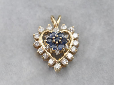 Sapphire and Diamond Heart Halo Pendant