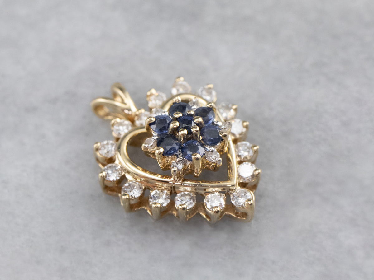 Sapphire and Diamond Heart Halo Pendant