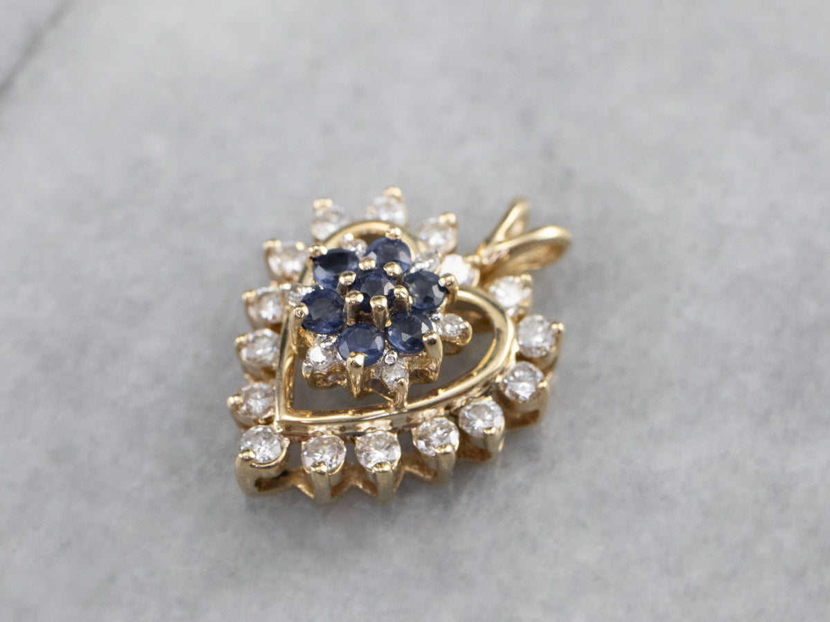 Sapphire and Diamond Heart Halo Pendant