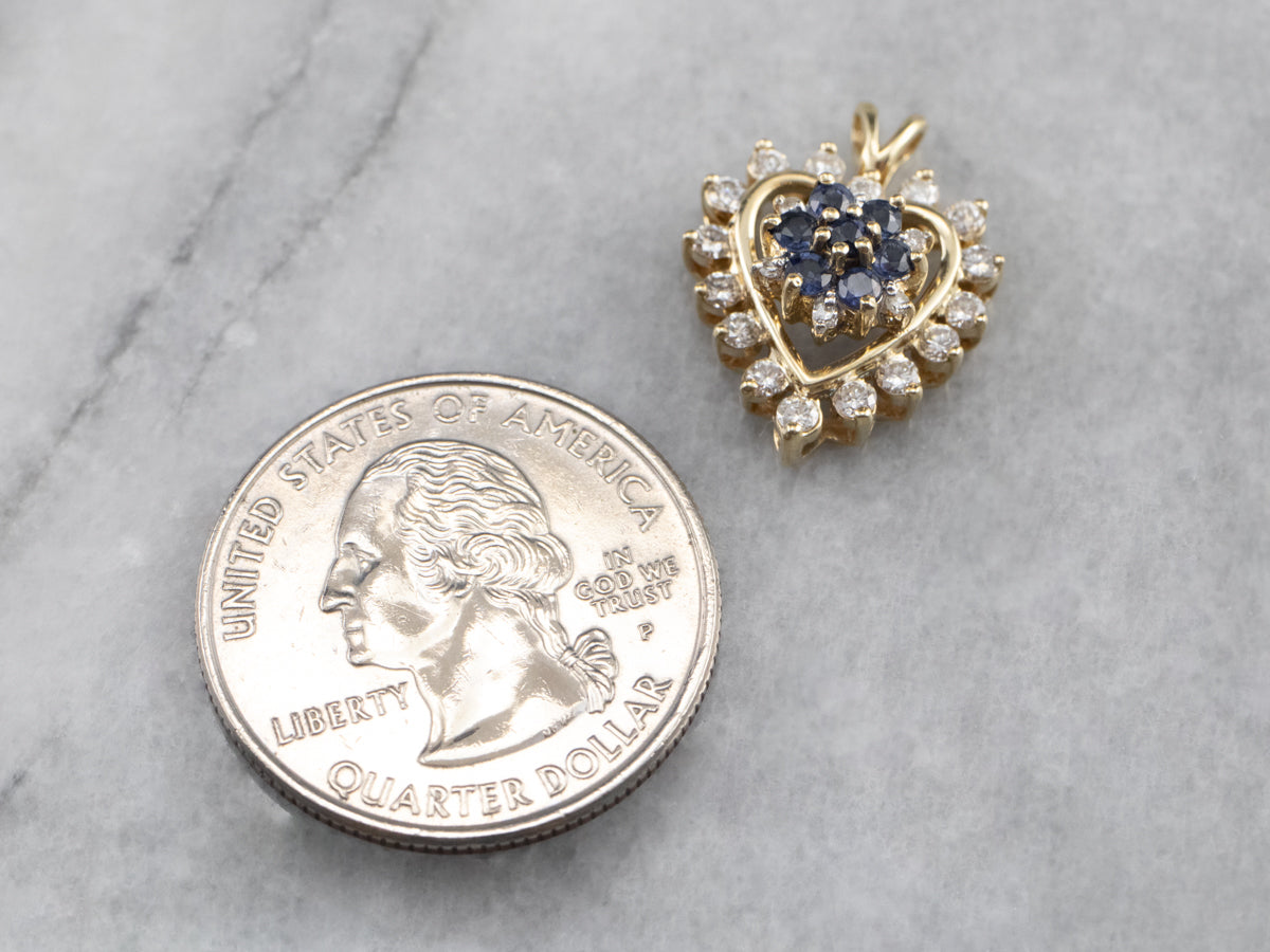 Sapphire and Diamond Heart Halo Pendant