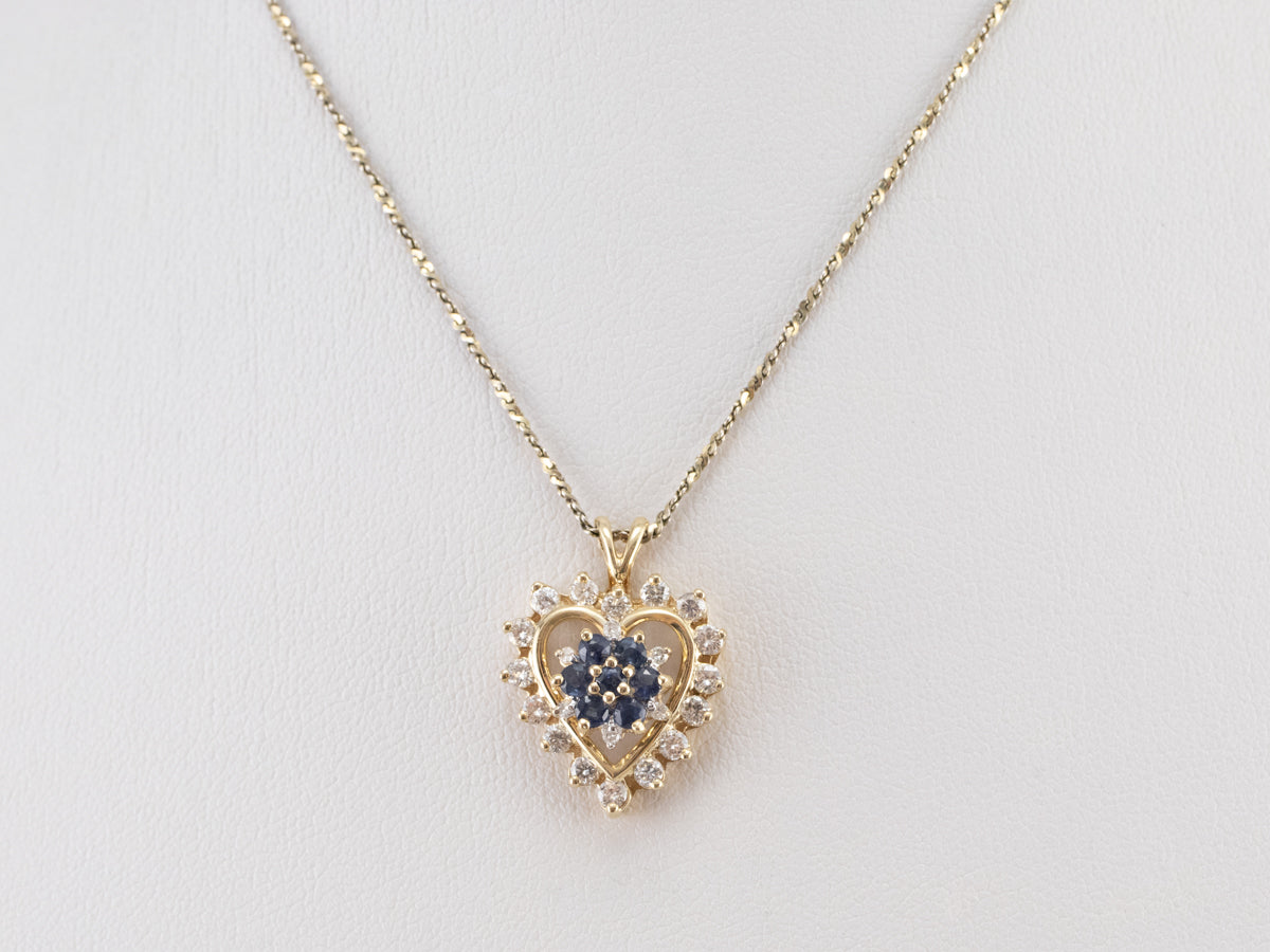 Sapphire and Diamond Heart Halo Pendant