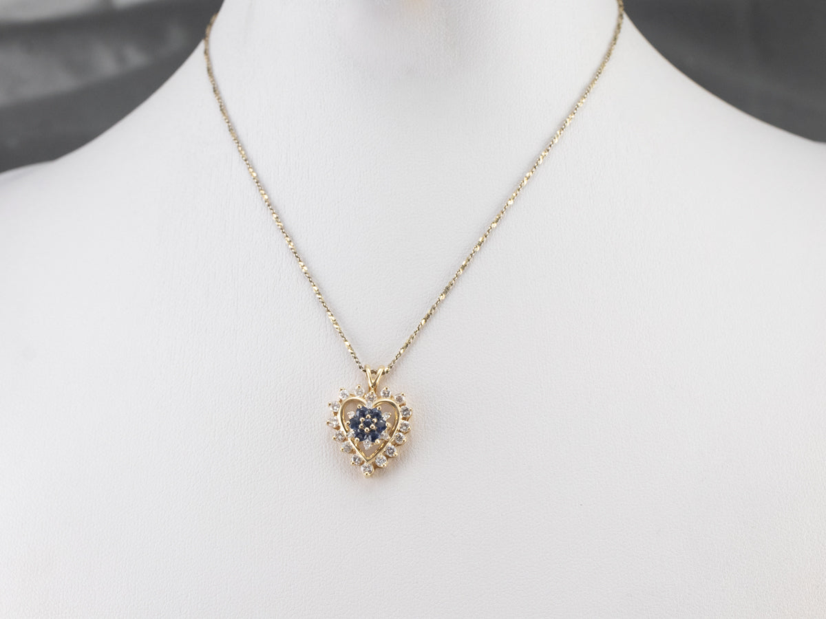 Sapphire and Diamond Heart Halo Pendant