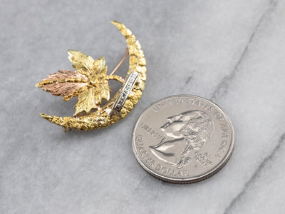 Diamond Gold Nugget Crescent Moon Leaf Brooch