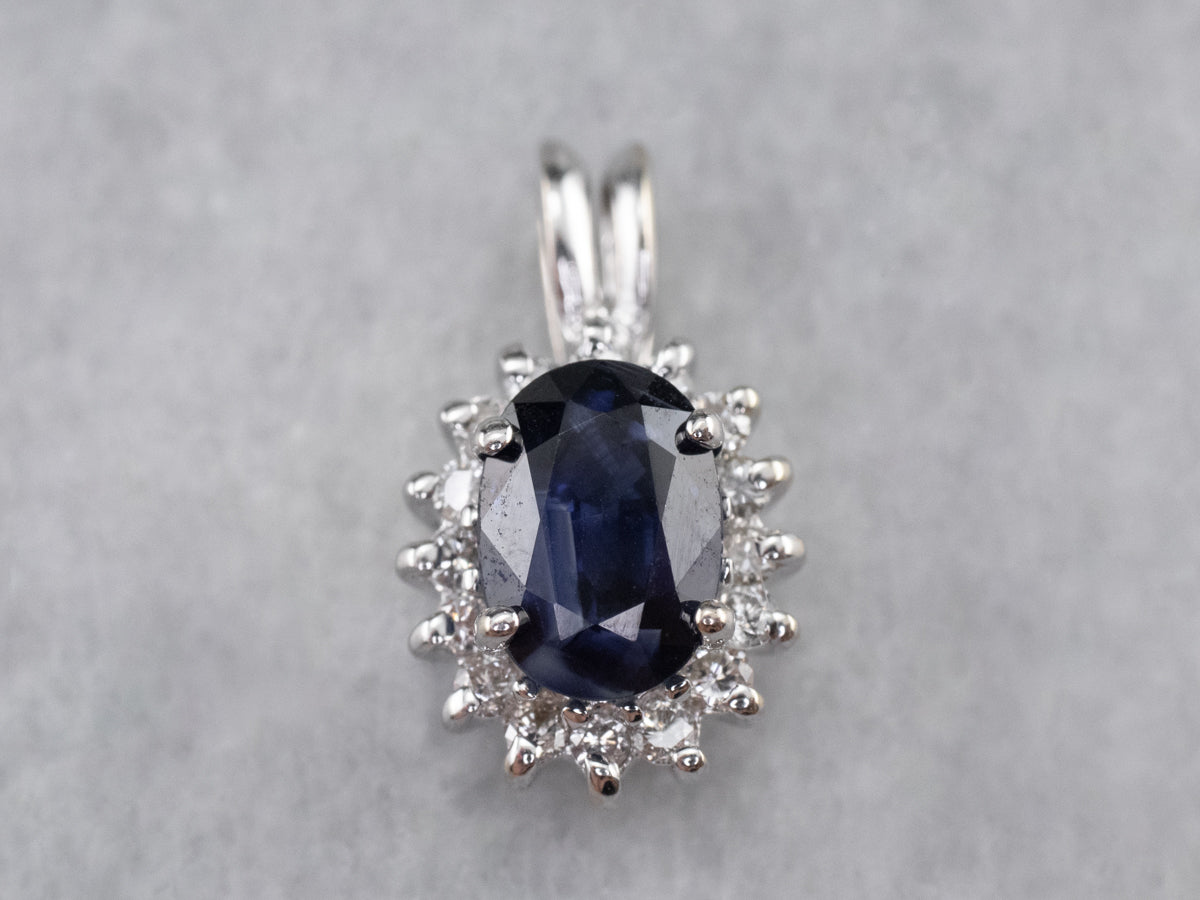 Sapphire Diamond Halo White Gold Pendant