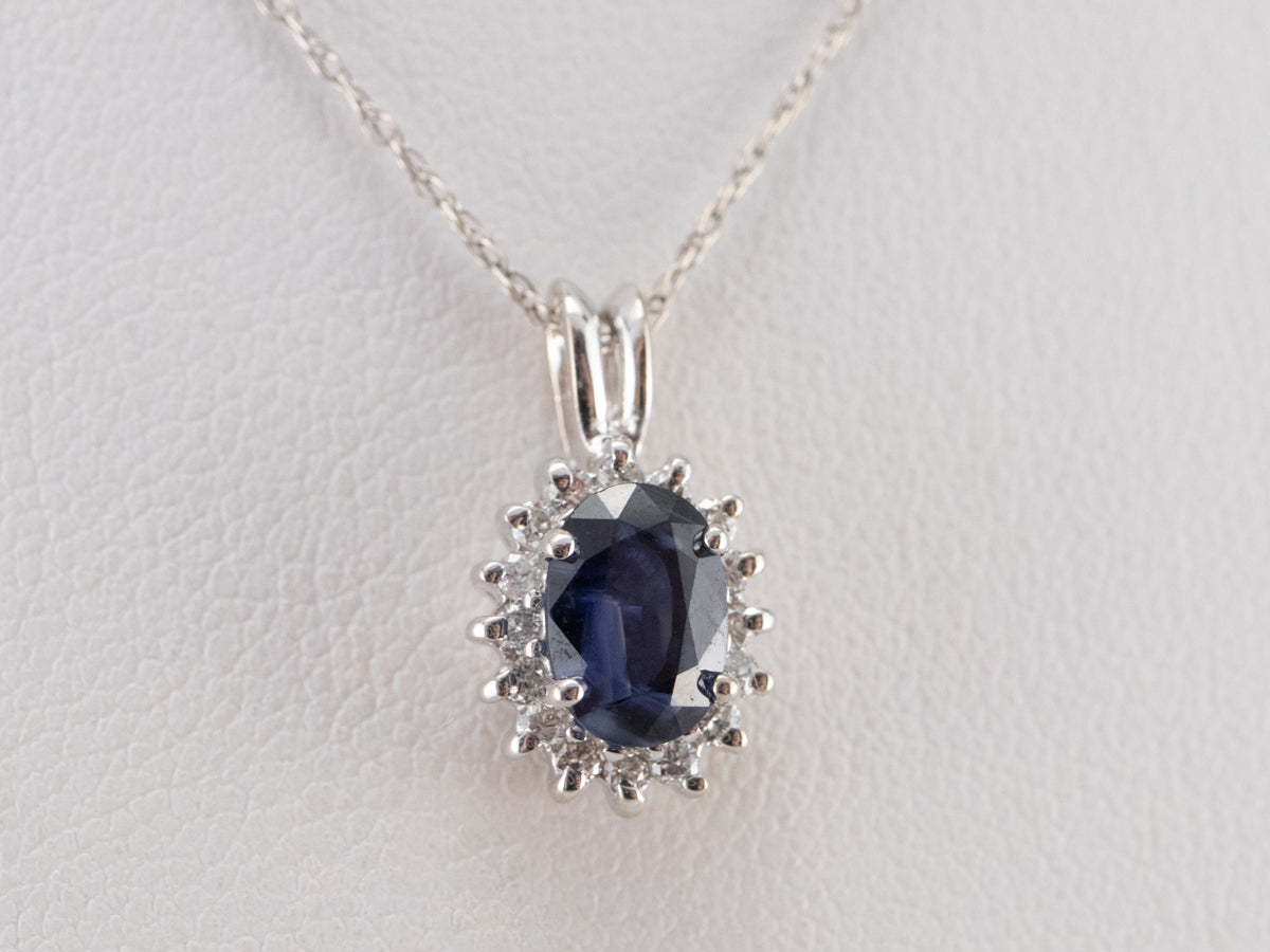 Sapphire Diamond Halo White Gold Pendant
