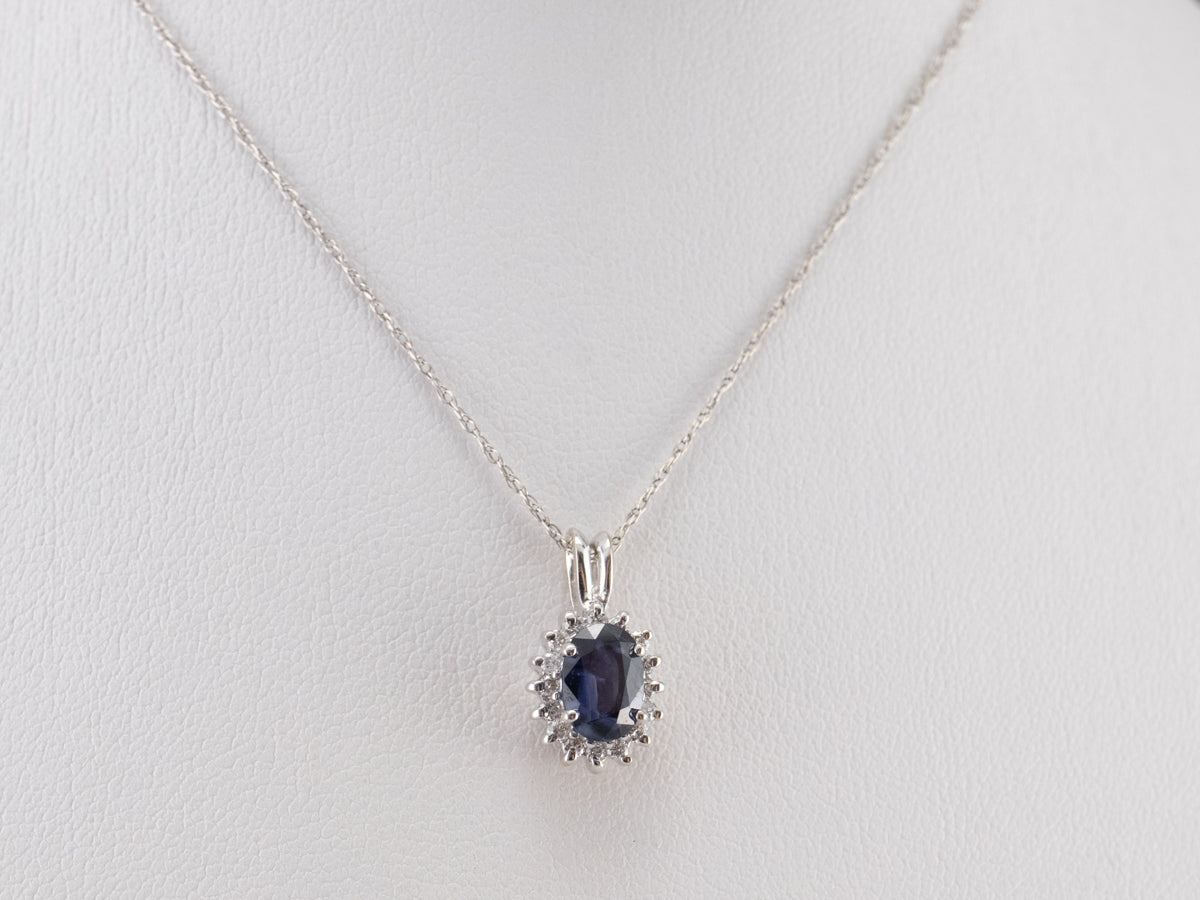 Sapphire Diamond Halo White Gold Pendant
