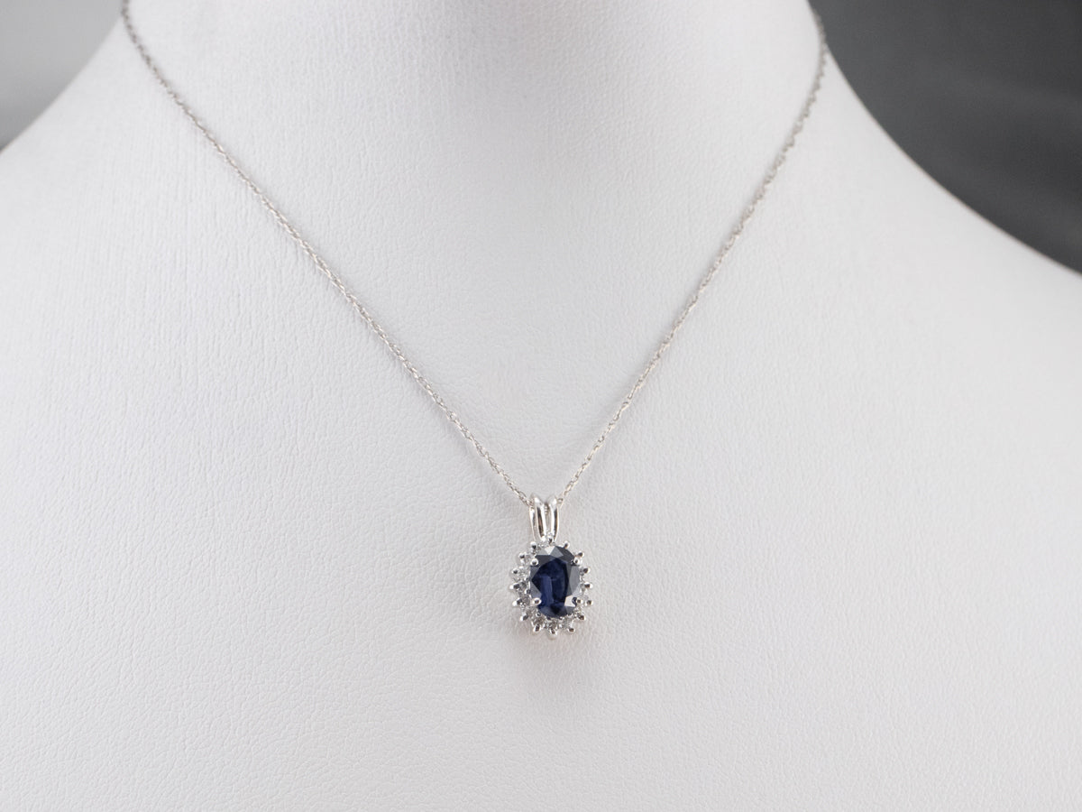 Sapphire Diamond Halo White Gold Pendant
