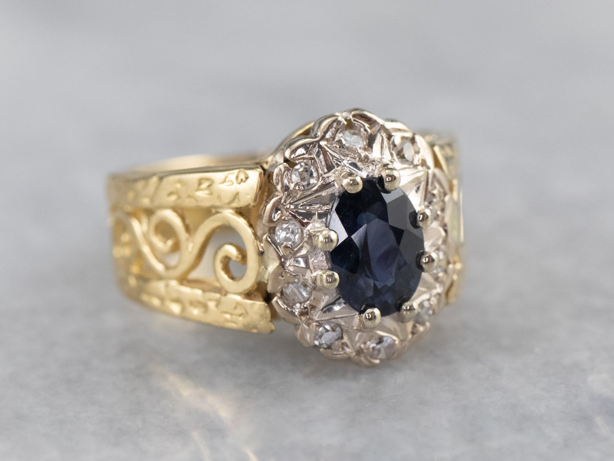 Sapphire Diamond Halo Filigree Ring