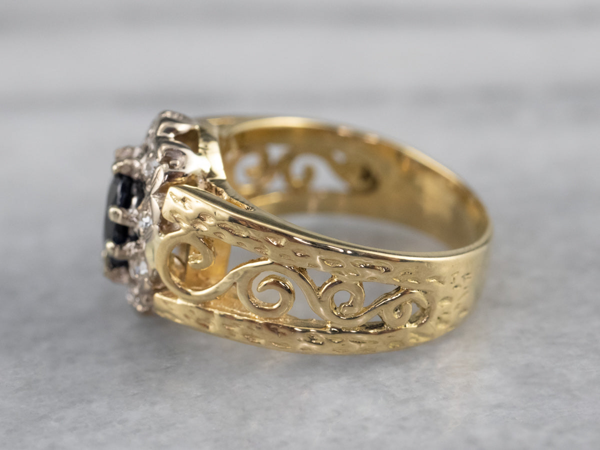 Sapphire Diamond Halo Filigree Ring