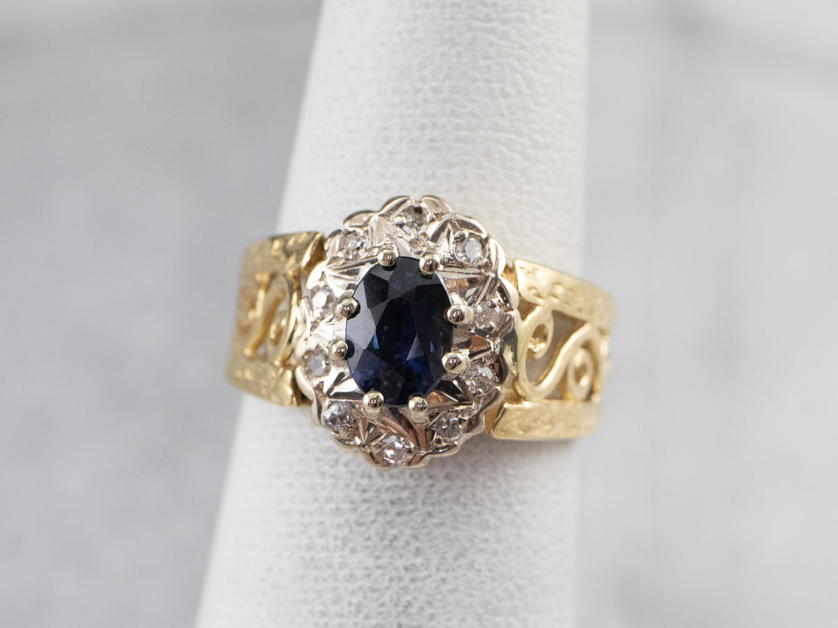 Sapphire Diamond Halo Filigree Ring