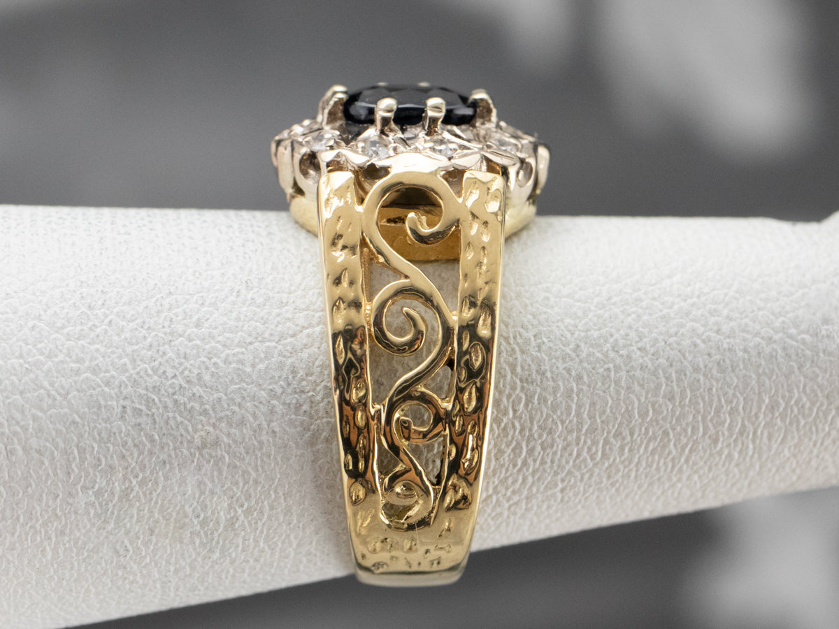 Sapphire Diamond Halo Filigree Ring