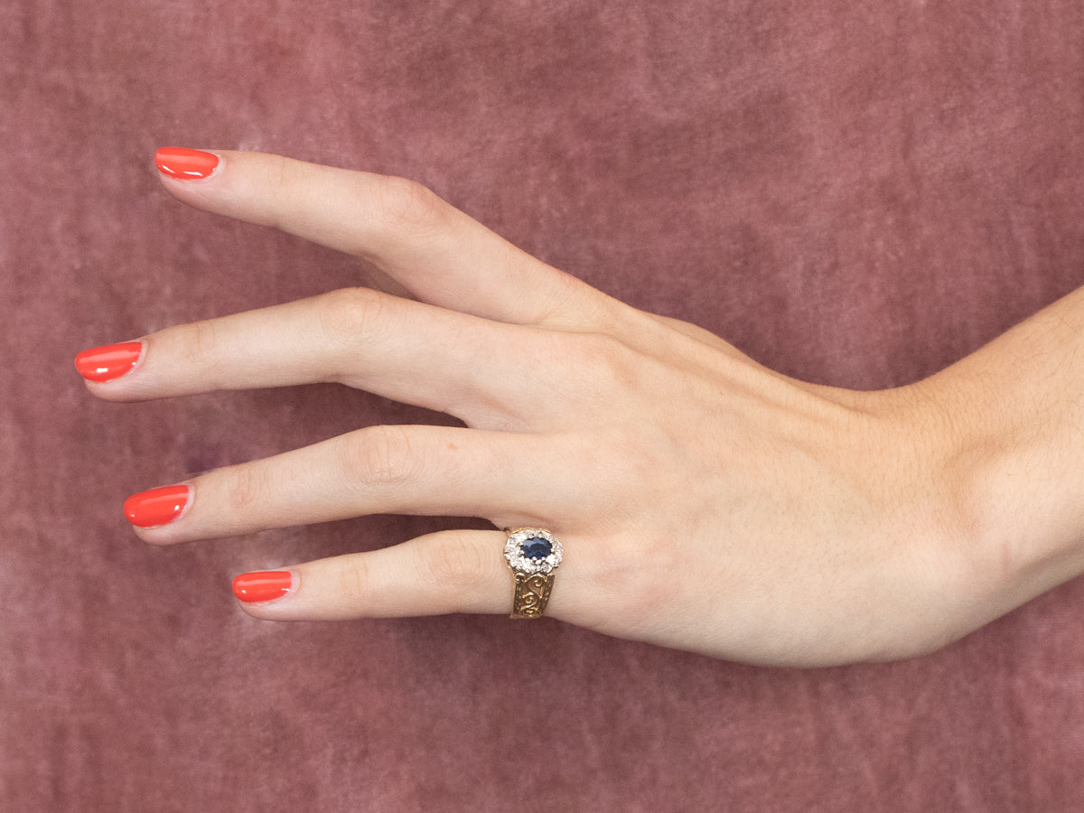 Sapphire Diamond Halo Filigree Ring