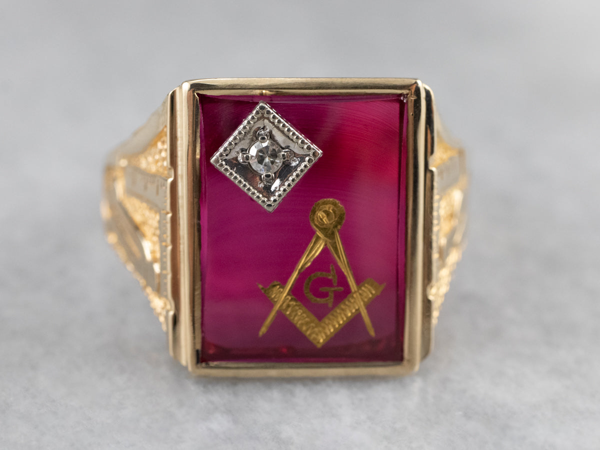 Masonic Ruby Glass Gold Statement Ring