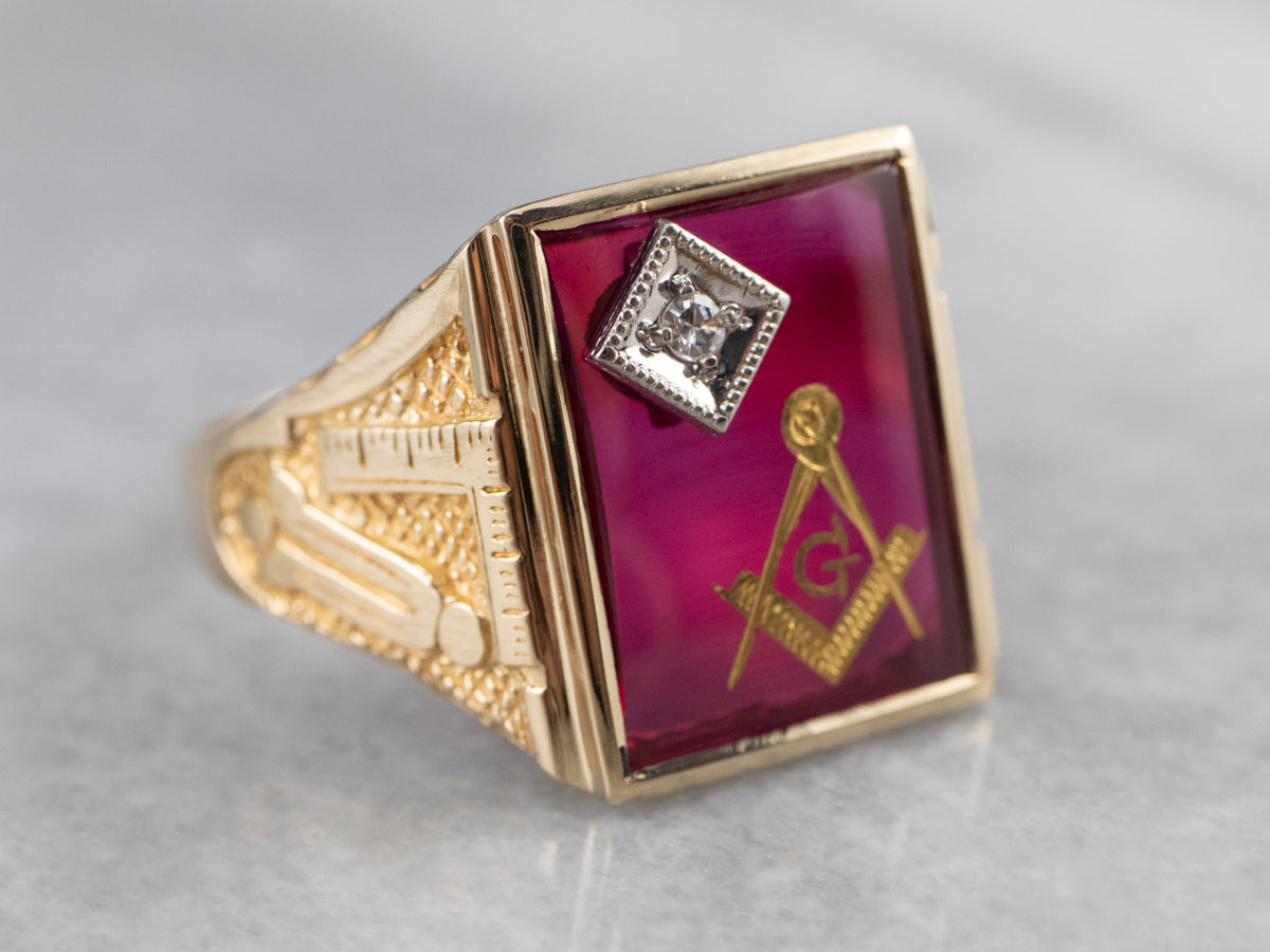 Masonic Ruby Glass Gold Statement Ring