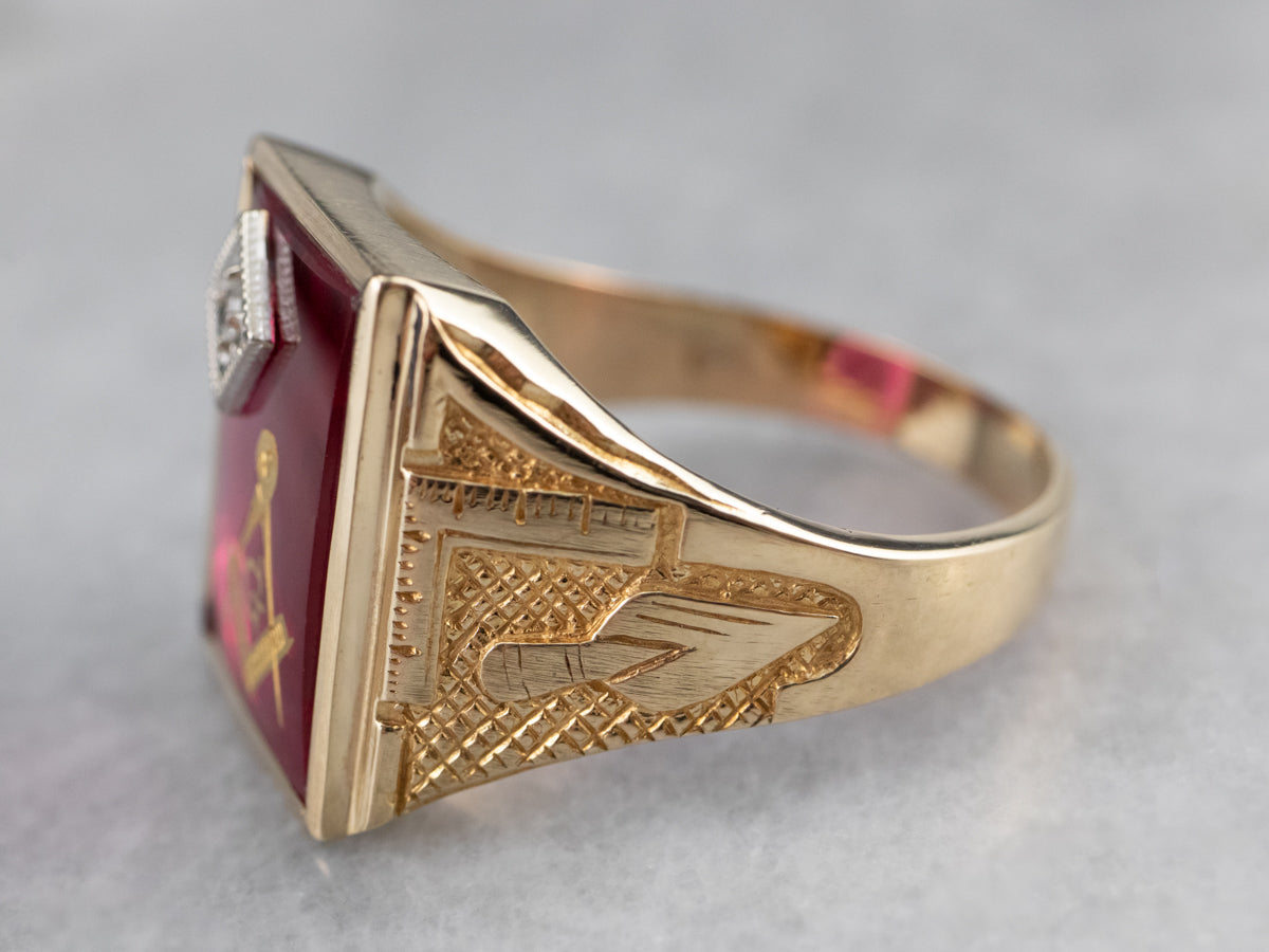 Masonic Ruby Glass Gold Statement Ring