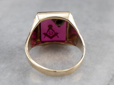 Masonic Ruby Glass Gold Statement Ring