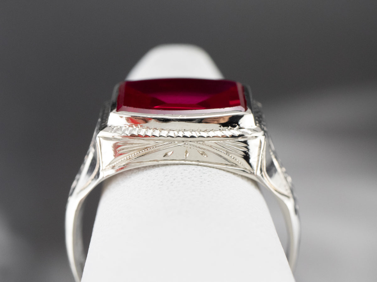 East to West Art Deco Synthetic Ruby White Gold Ring