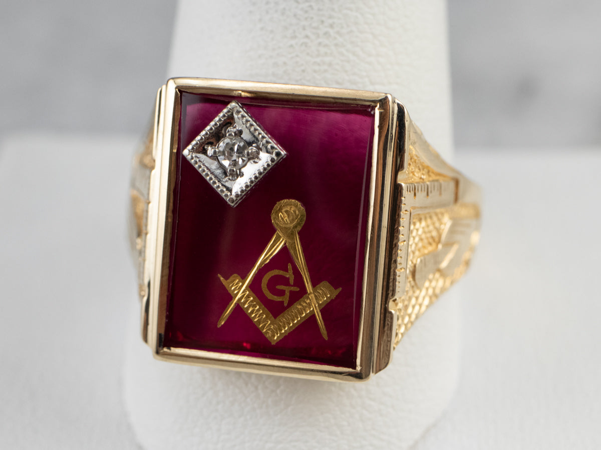 Masonic Ruby Glass Gold Statement Ring