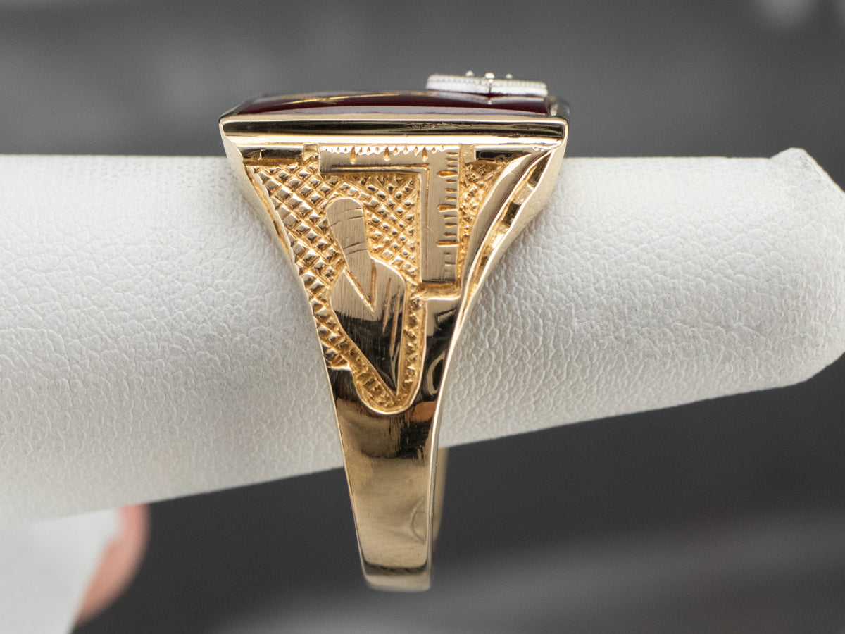 Masonic Ruby Glass Gold Statement Ring