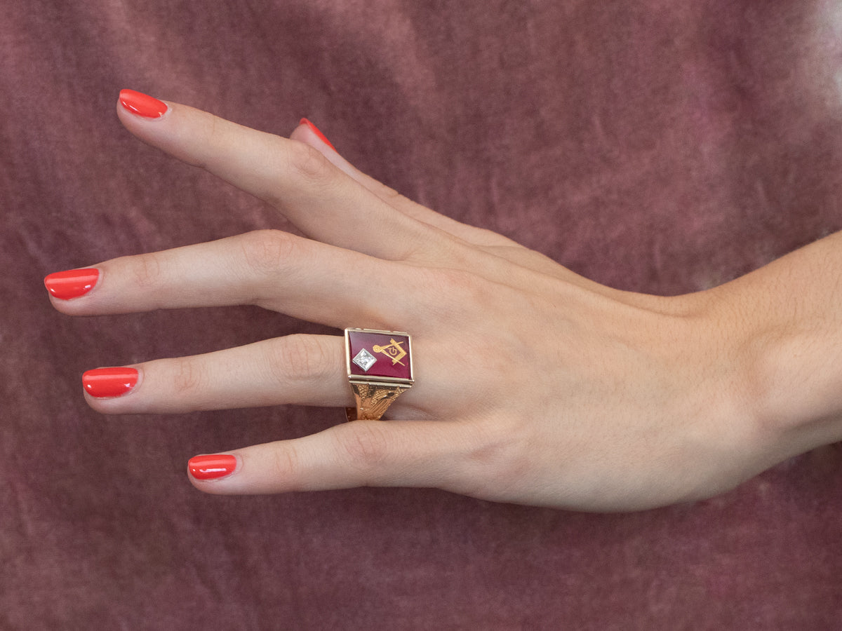 Masonic Ruby Glass Gold Statement Ring
