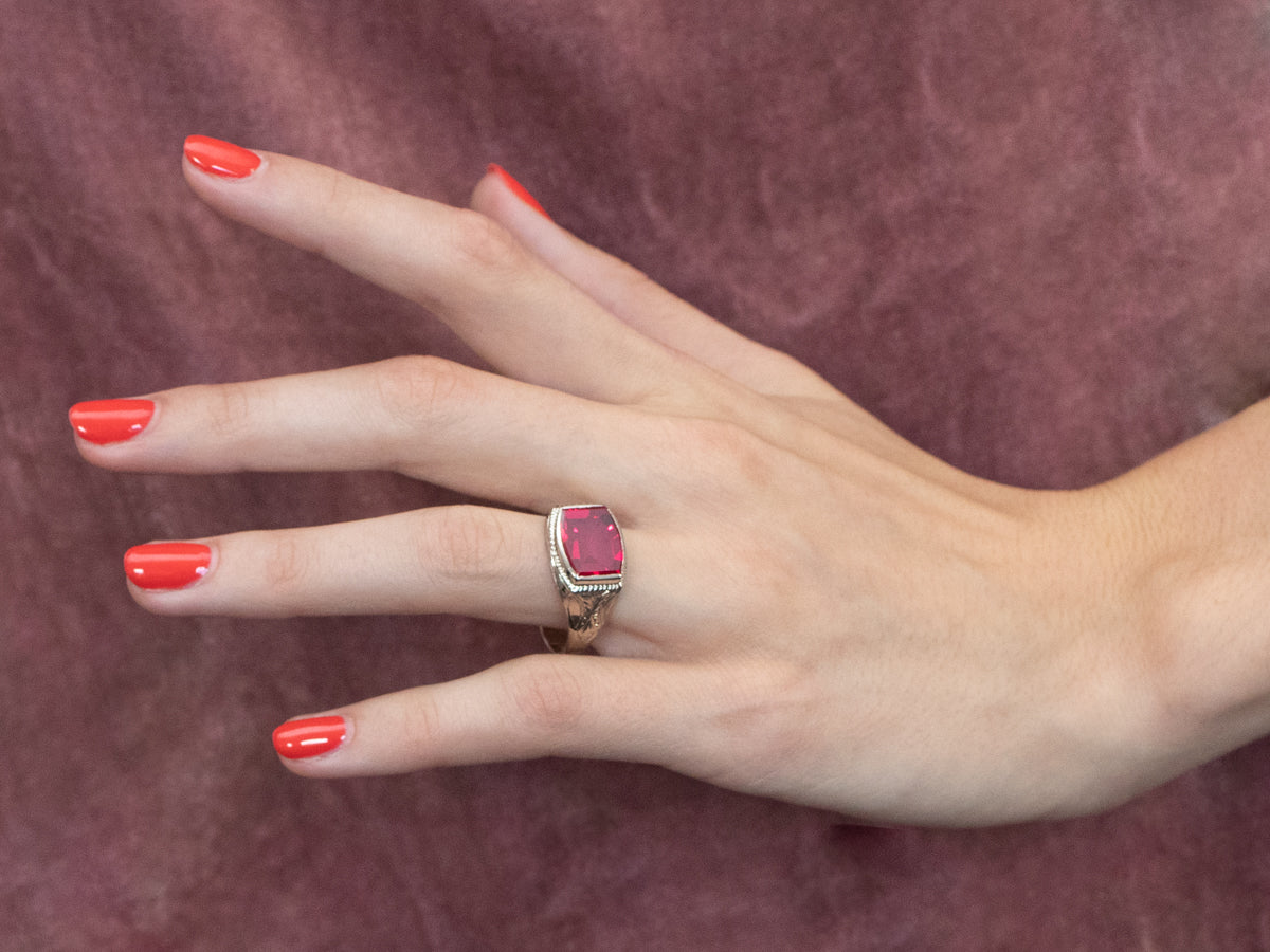 East to West Art Deco Synthetic Ruby White Gold Ring