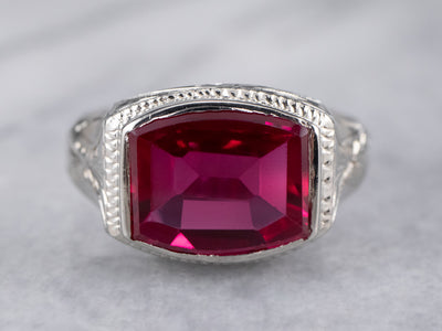 East to West Art Deco Synthetic Ruby White Gold Ring