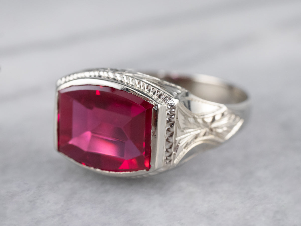 East to West Art Deco Synthetic Ruby White Gold Ring
