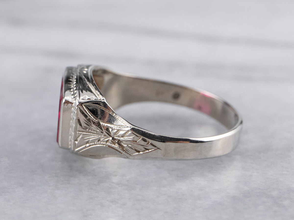 East to West Art Deco Synthetic Ruby White Gold Ring