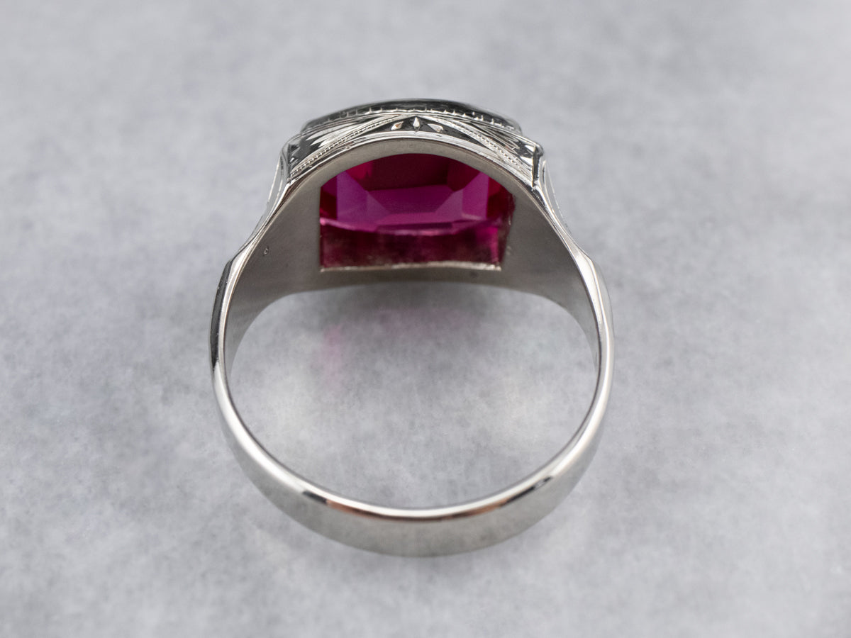 East to West Art Deco Synthetic Ruby White Gold Ring