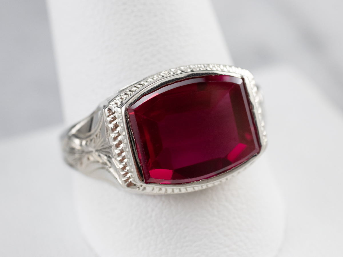 East to West Art Deco Synthetic Ruby White Gold Ring